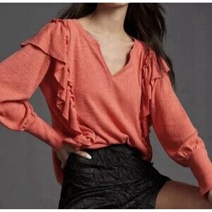 Anthropologie Pilcro Cozy Popover Top Coral/orange - Size Small Long Sleeve